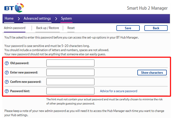 Changing the admin password on the BT Smart Hub 2