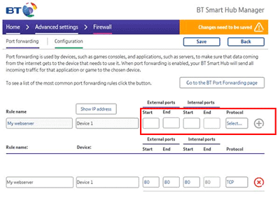 Set up port forwarding on the BT Smart Hub