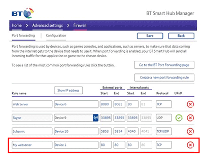 Set up port forwarding on the BT Smart Hub