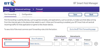 Set up port forwarding on the BT Smart Hub