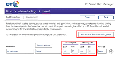 Set up port forwarding on the BT Smart Hub